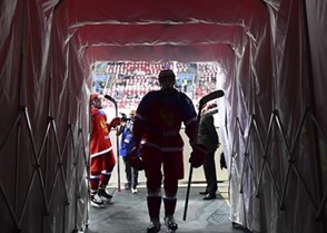 CHELYABINSK, RUSSIA - APRIL 19: Russia's Yegor Zamula #12 leaves the ice after warm-up prior to preliminary round action against France at the 2018 IIHF Ice Hockey U18 World Championship. (Photo by Andrea Cardin/HHOF-IIHF Images)

