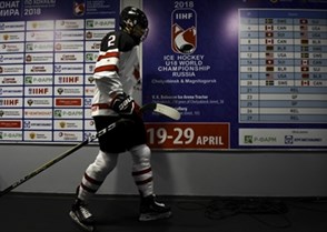 MAGNITOGORSK, RUSSIA - APRIL 22: Canada's Kevin Bahl #2 makes his way to the ice for preliminary round action against Switzerland at the 2018 IIHF Ice Hockey U18 World Championship. (Photo by Steve Kingsman/HHOF-IIHF Images)

