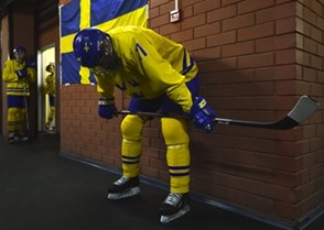 MAGNITOGORSK, RUSSIA - APRIL 28: Sweden's Oskar Back #11 looks on in the hallway prior to semifinal round action against team Finland at the 2018 IIHF Ice Hockey U18 World Championship. (Photo by Andrea Cardin/HHOF-IIHF Images)

